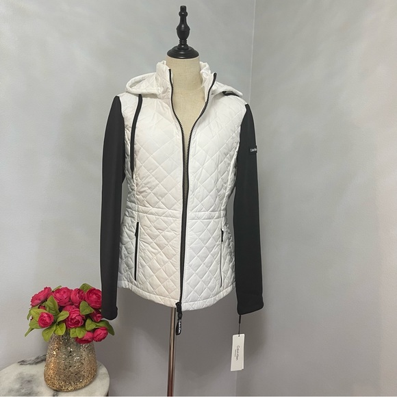 Calvin Klein Black & White Color Block Quilted Hooded Zip Up Jacket- Reemoly - Picture 10 of 15
